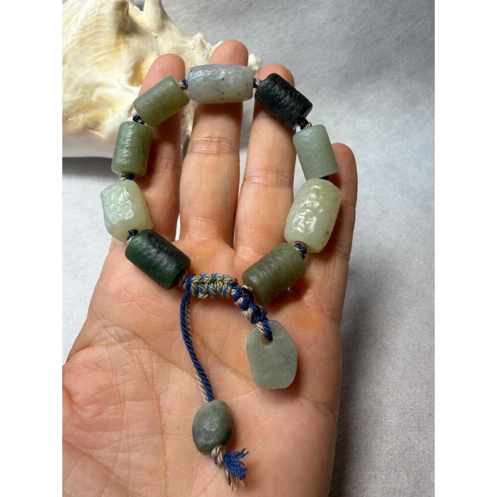 Multi-Color Natural Jade Bracelet OOAK Rustic Jade Adjustable Pull-Tie Closure